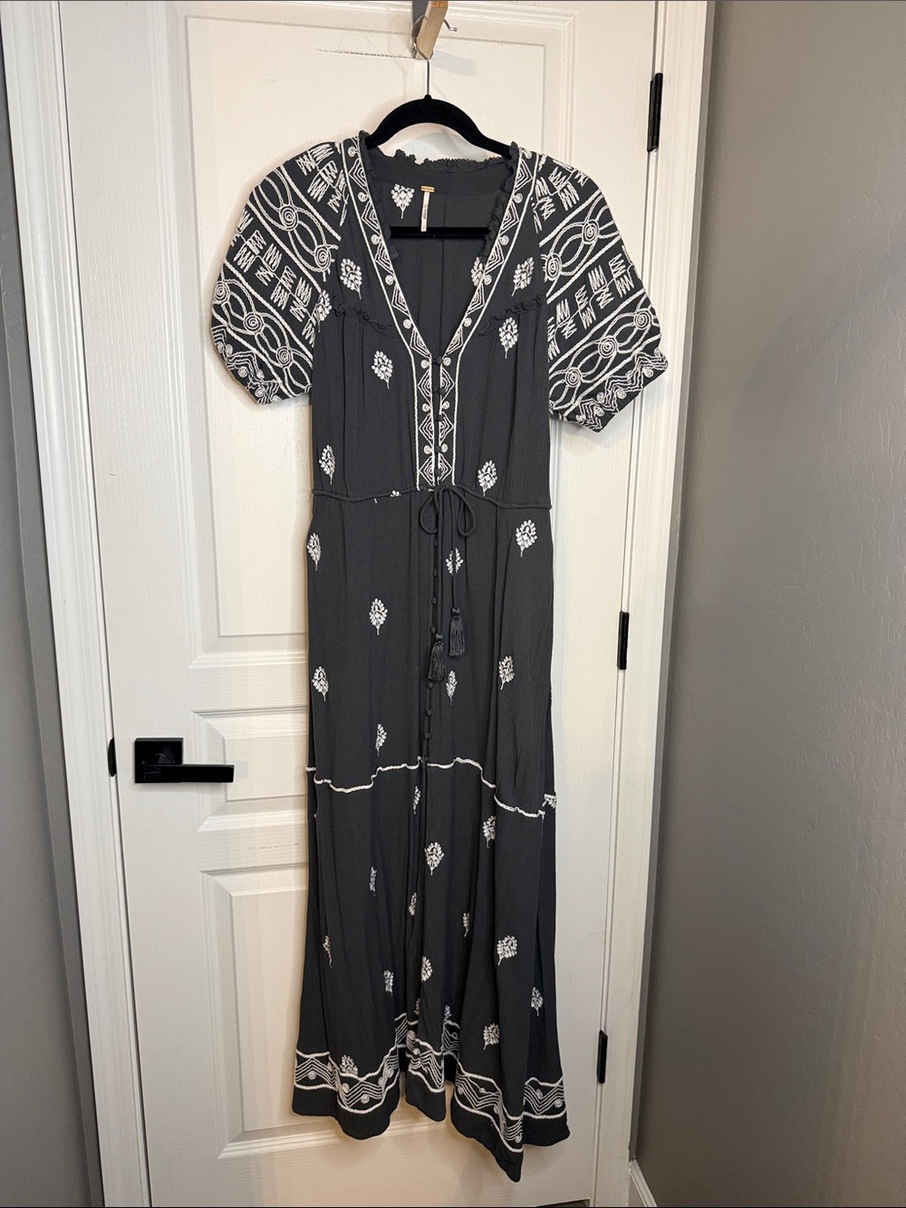 Free People Black Maxi Dress with White Embroidery